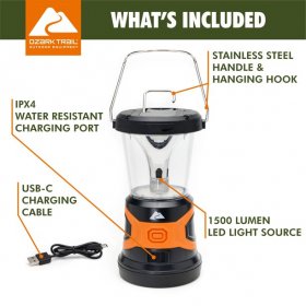 Ozark Trail 1500 Lumens LED Hybrid Power Lantern with Rechargeable Battery and Power Cord, Black