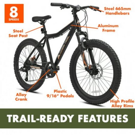 Ozark Trail 24 in.Youth Glide Aluminum Mountain Bicycle,8 Speeds,Front Suspension,Black